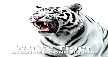 White Tiger with head to the side and mouth open showing teeth and make it a drawing and below the picture place White Tiger Channel Counsulting in bold arial