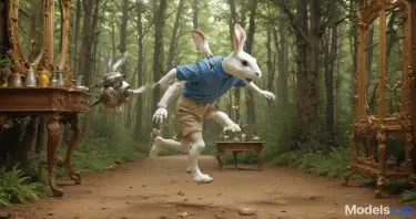 A man wearing a blue polo shirt and khaki shorts is running after a steam-punk style robotic rabbit. The robotic rabbit is leaping through an ornate, vintage full-length mirror. On the other side of the mirror, the scene transforms into a whimsical forest clearing. In the clearing, there is a table set for tea with an oversized teapot and a large, extravagant top hat placed beside it. The atmosphere is vibrant, with dappled sunlight filtering through the trees, evoking a surreal, storybook feel. The mirror acts as a magical portal between the ordinary room and the fantastical tea party in the forest.