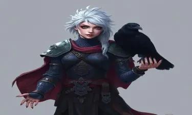 A 5E dnd character who is a half-elf cleric and warlock sworn to the mother of shadows. She wears chainmail, is slightly androgynous, and has a ghostly raven familiar.