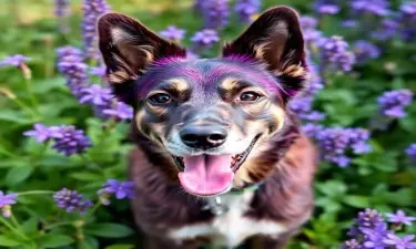 Purple dog with purple flowers
