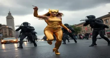 Sydney Sweeney as a Superheroine, wearing a gold domino mask, a shiny gold leotard bodysuit that clings to her like a second skin, and gold thigh boots with four-inch stiletto heels, engaged in a titanic battle against mercenaries hired by her political enemies in the city she protects, on the broad boulevards of the city in the midst of an afternoon storm--heavy, dark heavy clouds, wind, and rain.