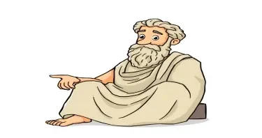 a cartoon drawing of Aristotle sitting down and speaking sharing his ideas facing the front. this is for a children's book so make him likeable for a child to view.