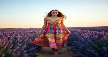A smiling women wearing a colorful long dress blowing in the wind walking through a lavender field in Provence