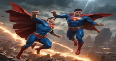 A high-resolution, ultra-detailed illustration of Superman and Captain Marvel (Shazam) engaged in an epic aerial battle above a destroyed cityscape at dusk. Superman, in his iconic blue suit and red cape, unleashes heat vision with fierce intensity, while Shazam counters with a powerful magical lightning strike from his glowing hands. The sky is dark and stormy, lit by lightning flashes and debris flying from collapsed skyscrapers below. Both heroes look determined and battle-worn, muscles tense, capes torn. The energy and power around them distorts the air. Comic book style with dynamic lighting, motion blur, and dramatic shadows. Epic showdown, explosive energy, heroic proportions.