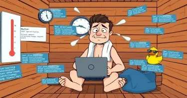 **Image Prompt for Feature Image:**  A cartoon-style illustration of a software developer sitting in a wooden sauna, sweating profusely, surrounded by floating lines of buggy code and error messages. The developer looks both frustrated and amused, with a towel around their neck and a laptop balanced on their knees. In the background, a thermometer is maxed out and a rubber duck (a classic debugging mascot) wears sunglasses. The overall vibe is lighthearted and playful, clearly blending the themes of sauna heat and the "sweat" of debugging code.
