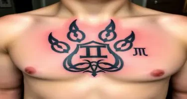 A German Celtic  bear paw tattoo with an alpha symbol on the right front pec  with a Gemini symbol in the center