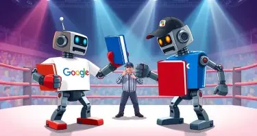 Create a vibrant, eye-catching illustration of two classic Rock'em Sock'em-style robots in a boxing ring. One robot is wearing a white Google-branded T-shirt, and the other is wearing a blue Microsoft-branded T-shirt. Instead of boxing with their fists, each robot is wielding a large, notebook binder as a playful weapon. The Google robot has a blue binder, the Microsoft robot has a red binder. The scene is being refereed by a third robot, styled like the Pixar Movie “Robots”, wearing a black baseball cap with the Perplexity.ai logo clearly visible. The atmosphere is energetic and fun, with the boxing ring set under bright lights and a lively, tech-inspired audience in the background. The overall style should be polished, modern, and suitable for use in a professional technology blog or publication. Avoid using any copyrighted logos; use suggestive branding (such as color schemes and general design elements) to represent Google, Microsoft, and Perplexity.ai.