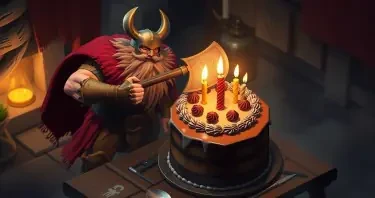 A Heavy Metal viking cutting a birthday cake with a battle axe.