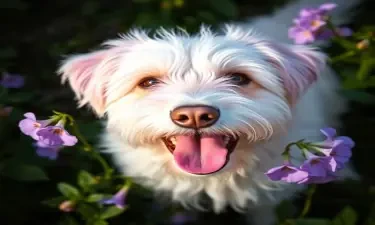 Purple dog with purple flowers