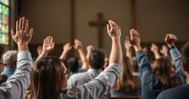 church group voting with raised hands. realistic photo