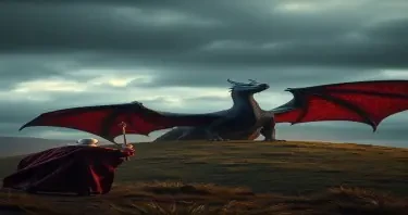 A photo realistic picture of a dragon on an English hill being banished by a protestant Bishop.