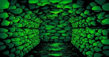 glowing green mold growing in a wine cellar covering the walls. Art style should be comic gothic.