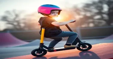 Create a hyper-realistic image of a boy of about 10 years old on a sports scooter with tiny wheels like the ones used in the scatepark. The boy is doing some special trick where he is on a U ramp. The boy is wearing a helmet which is blue at the top, pink in the middle and yellow at the back. He is wearing a black t-shirt with short sleeves. The whole picture looks sporty and realistic and is enhanced by the backlight, in which it looks very photogenic  Přeloženo pomocí DeepL (https://www.deepl.com/app/?utm_source=ios&utm_medium=app&utm_campaign=share-translation).