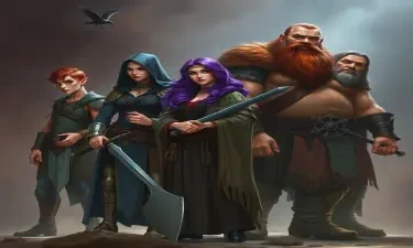 A five member dungeons and dragons adventuring party consisting of: A red-skinned thin male elven bard, a thin adrogynous female half-elf cleric/warlock wearing chainmail with a shadow raven familiar,  a curvy female half-elf warlock with purple hair wearing robes, a short but wide male dwarven ranger, and a very tall male half-giant barbarian/paladin.