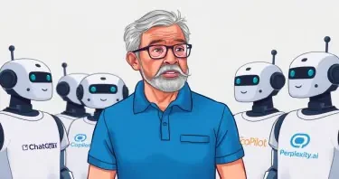 A man is wearing a blue polo shirt with slightly gray hair, a short beard, and glasses is scolding a group of robots. Each robot is wearing a t-shirt. They each have a different logo on the their shirt. The logo is one of the following: ChatGPT, Copilot, or Perplexity.ai