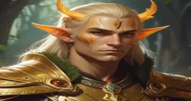 A fifth-edition dungeons and dragons characer who is a young male eladrin druid with golden luminous skin, a low strength.