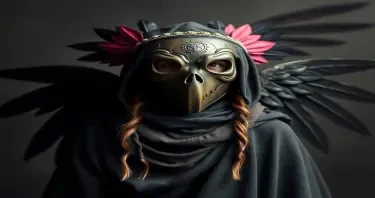 Create a photo image of an indigenous girl wearing a plague mask, wings and cloak.