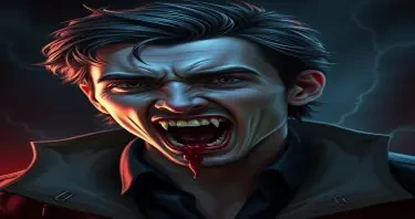 Tom Holland as a vampire with fangs and a bloody mouth