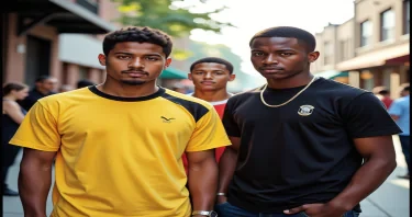 ((Fine art photography:1.8)), ((cinematic film:1.8)), (((grainy Polaroid aesthetic:2.2))), ((realistic skin texture:1.8)), ((volumetric light:2.0)), ((warm backlight:1.8)),(( dynamic shadows:1.6))  In this vibrant scene, three young men stand confidently in an urban environment, exuding a sense of camaraderie and attitude. The foreground features two men: one in a striking yellow shirt with black accents, showcasing a smooth expression that conveys determination, and the other in a dark outfit, sporting casual streetwear and a composed demeanor. Al boys are dark skinned. A third figure, slightly behind, adds depth to the composition, creating a visual dynamic. The background captures a sunlit street with soft bokeh effects, emphasizing the subjects while hinting at the lively neighborhood. Soft, diffused lighting highlights their facial features, casting gentle shadows that accentuate their expressions. The overall mood is assertive yet relaxed, reminiscent of classic 90s street culture. The color palette includes bold contrasts between the men's clothing and the cooler background tones, offering a striking visual appeal. The composition balances the figures and maintains focus on their interactions and individual personalities. References to urban films of the era inspire the style, enhancing the nostalgic yet modern feel of the imagery.