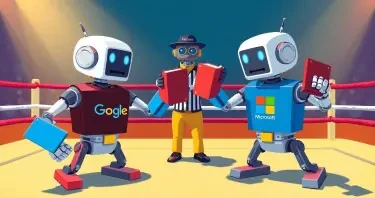 Illustrate a dynamic scene of “Rock 'Em Sock 'Em Robots” robots in a boxing ring. One robot wears a Google t-shirt, the other wears a Microsoft t-shirt. Both robots wield notebook binders as weapons instead of using their fists. The binder one robot has is red, the binder the other robot has is blue. A third robot, acting as the referee, wears a Perplexity-branded hat. The setting is vibrant and playful, emphasizing a friendly competition between the two tech giants, with clear branding on the robots and the referee. The style should be engaging and suitable for a professional blog post about AI productivity tools.