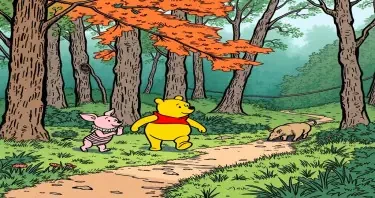 Winnie the Pooh walking with Piglet in the woods in the style of E. H. Shepard