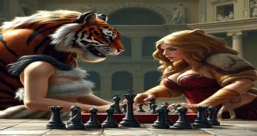 A young woman in a fur bikini top playing chess with a giant humanoid powerful tiger man in an ancient Roman arena. Both are facing each other, side to the camera. Both are looking at the board