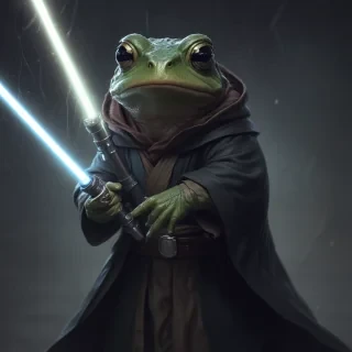 a jedi frog holding a light saber