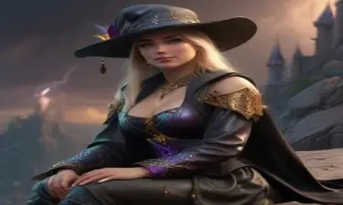 a beautiful and powerful mysterious sorceress, smile, sitting on a rock, lightning magic, hat, detailed leather clothing with gemstones, dress, castle background, digital art, hyperrealistic, fantasy, dark art, artstation, highly detailed, sharp focus, sci-fi, dystopian, iridescent gold, studio lighting