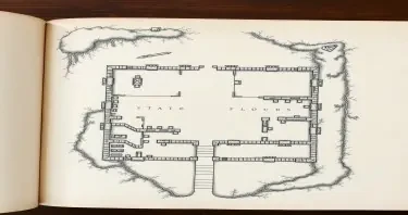 A simple map of the first floor of an overgrown and ruined medieval, gothic estate taken from the page of a journal.