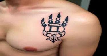 A mayan bear paw tattoo on the right front pec  with a Gemini symbol in the center