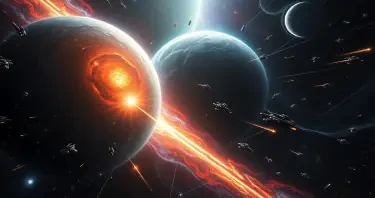 3 galaxies coliding slowly with millions of spacecraft wizzing around with different aliens all shooting at each other