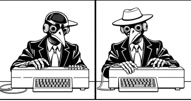 Imagine a scene from Mad Magazine's Spy vs Spy where the black and white spies are shown in split view, both working on typewriters. Replace the crow faces of the spies with robot faces.