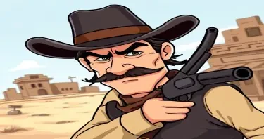 Create a cartoon drawing for a children's book of Doc Holiday in Dodge city in 1875. Make him look tough and menacing with a six shooter gun . make him with with black hair and a black moustache wearing a black cowboy hat