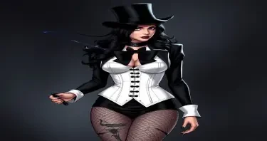 zatanna from DC comics. wearing a top hat, black bowtie, white corset with black clasps, very short black skirt, and fishnets. battle damaged clothing and torn fishnets. magic wand. full body picture