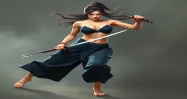 Create a full body female ninja in sword action. She is barefoot and topless with breasts that are defying gravity