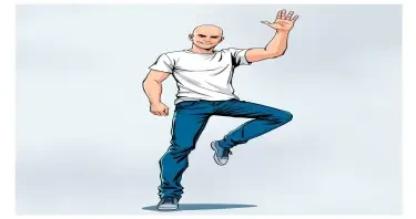 A bald white male in blue jeans and a T-shirt. He only has one leg and one arm. He's standing, balancing on his one leg, waving with his one arm
