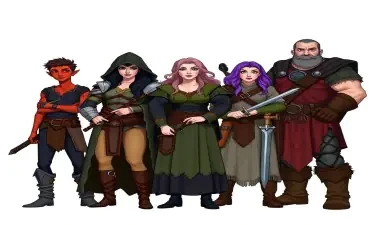 A five member dungeons and dragons adventuring party consisting of: A red-skinned thin male elven bard, an adrogynous female half-elf cleric/warlock wearing chainmail with a shadow raven familiar,  a curvy female half-elf warlock with purple hair wearing robes, a short and wide male dwarven ranger, and a very tall male half-giant barbarian/paladin.