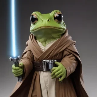 a jedi frog holding a light saber