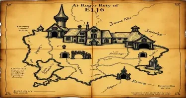 An ancient a weathered map of a gothic estate. The map should include secret doors, traps and secrets. The map should appear old, faded and hand drawn in a comic gothic style as if pages of an old journal.