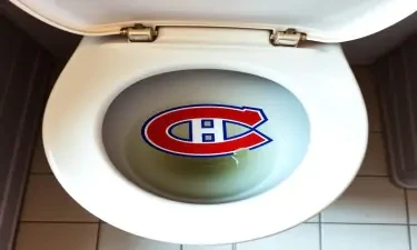 Toilet seat with Montreal Canadiens logo on it with shit on top
