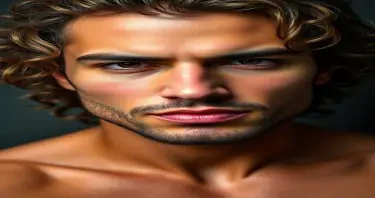 Sexy man with curly long hair and short stubble. He is in his twenties. he has thick lips. He is toned but not overly muscular. Aggressive look. Arabic features.