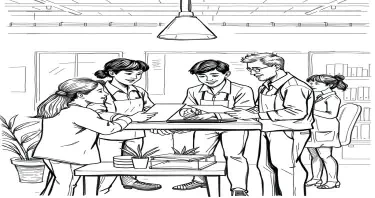 A drawing of a multigenerational group of workers collaborating at a business