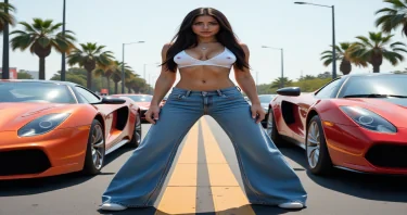 Sassy, urban 25yo Puerto Rica woman in low wide-leg jeans, silver belly chain, white crop top, cleavage. Long hair, dangerous expression. Standing, wide leg pose, between 2 futuristic supercars on the start line of a street race.
