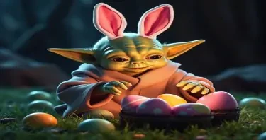 Yoda gathering Easter Eggs, wearing bunny ears on top of his head