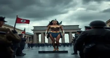 Wonder Woman has been captured by Germany's World War II-era Nazi Government and, in order to attack the morale of its USA enemy, been placed on public display in the capital city, Berlin, just as an afternoon storm--dark, heavy clouds, high winds, and heavy rain--breaks on the scene.