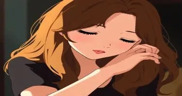 Studio Ghibli style, A young woman with long wavy brunette hair rests her head on her clasped hands. She wears a black top and a delicate bracelet on her left wrist. Her expression is soft and contemplative, with natural makeup and subtle pink lipstick. The background is dark and blurred, focusing on her face and hands