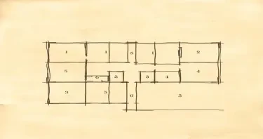A simple floorplan map with rooms and halls drawn on a scratch parchment paper and labeled with numbers in handwritten script.