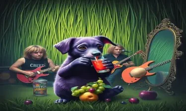 Purple Puppy drinking grape fruit juice, hanging out with the rock band Creed, in front of a grass curtain, a large vagina, and a mirror