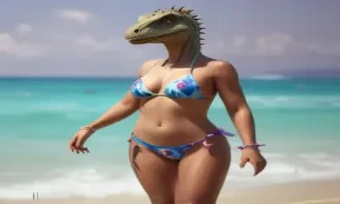 A dinosaur human hybrid in a bikini