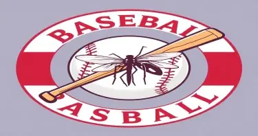 round baseball logo wiyh a baseball bat and a mosquito